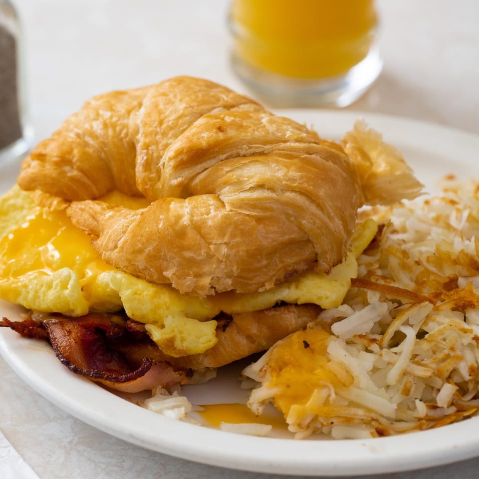 Croissant breakfast sandwich with scrambled eggs, cheese, bacon, and hash browns on a white plate.