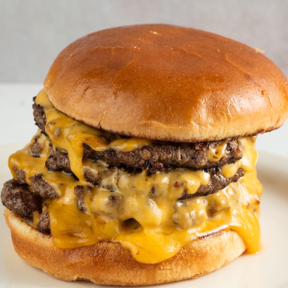 A triple-patty cheeseburger with melted cheese dripping down, served on a toasted bun.
