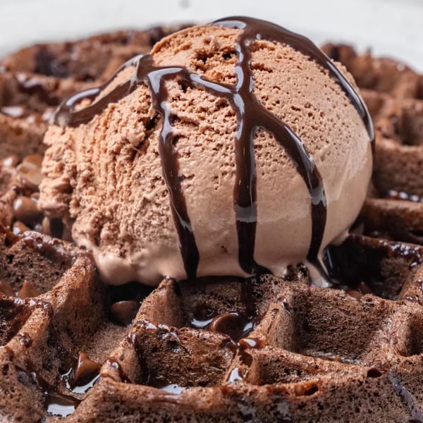 Chocolate waffle with a scoop of chocolate ice cream and chocolate syrup drizzle.