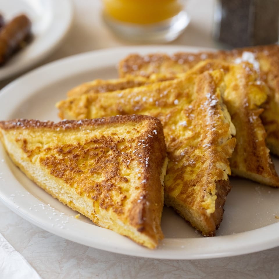 Golden brown French toast triangles dusted with powdered sugar on a white plate at Louie's Waffle House.